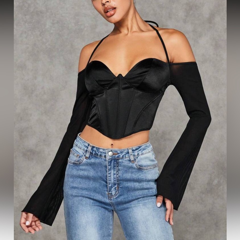 SHEIN BAE Tie Back Bustier Crop Halter Top